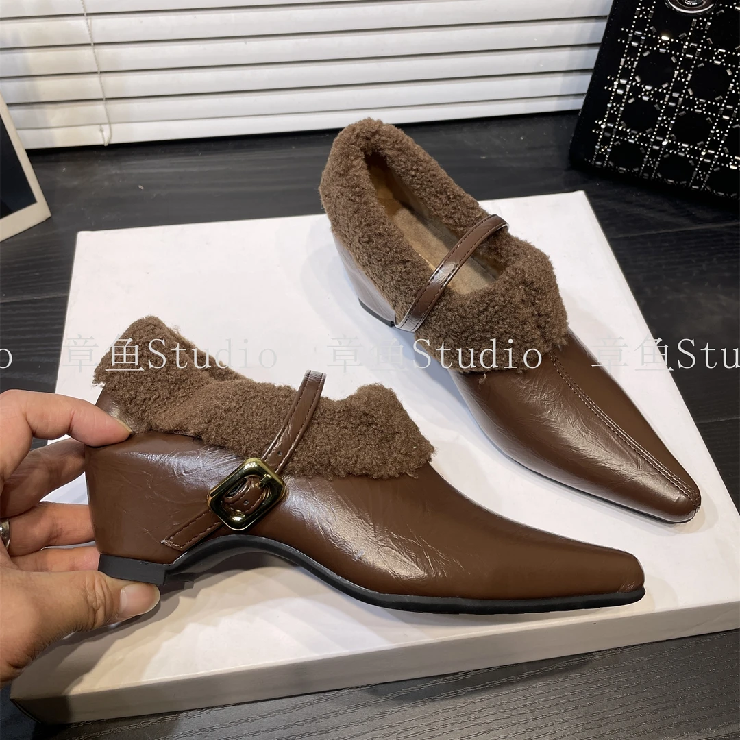 2025新款秋冬尖头内增高羊羔毛毛鞋女外穿内增高加绒保暖棉鞋单鞋