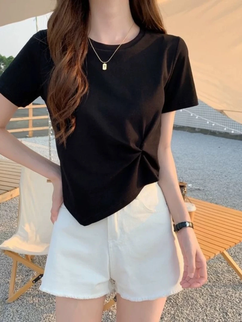 872-夏季女装下摆不规则圆领T恤设计感侧面打结高腰显瘦短款上衣