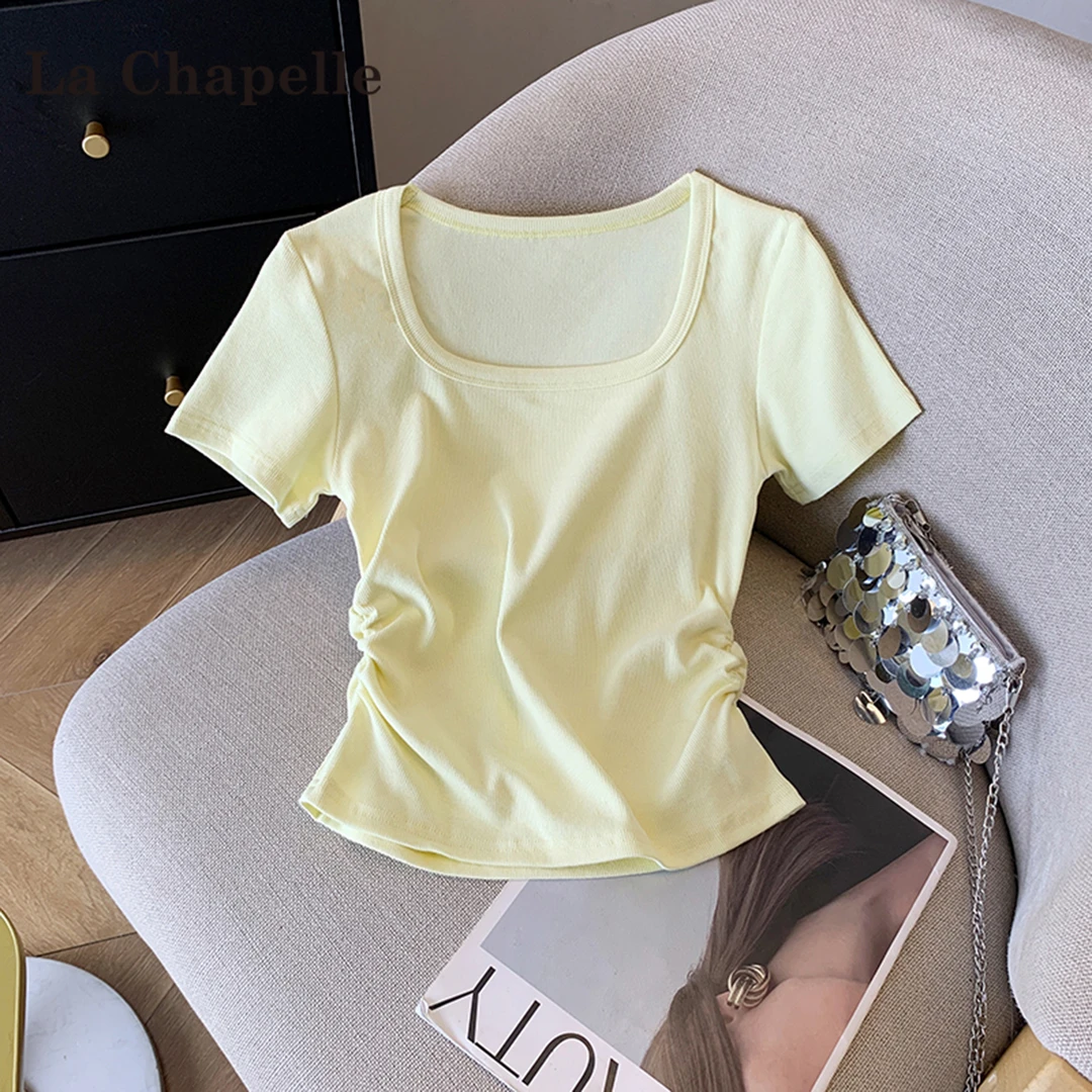 拉夏贝尔黄色方领短袖t恤女夏季2025年新款收腰修身正肩短款上衣