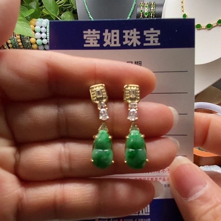 银S925镶嵌翡翠耳饰p*绿胡芦耳钉