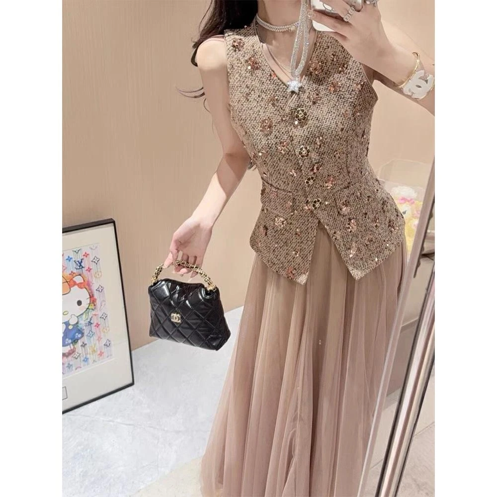2025春夏季新品千金归来亮片马甲套装裙