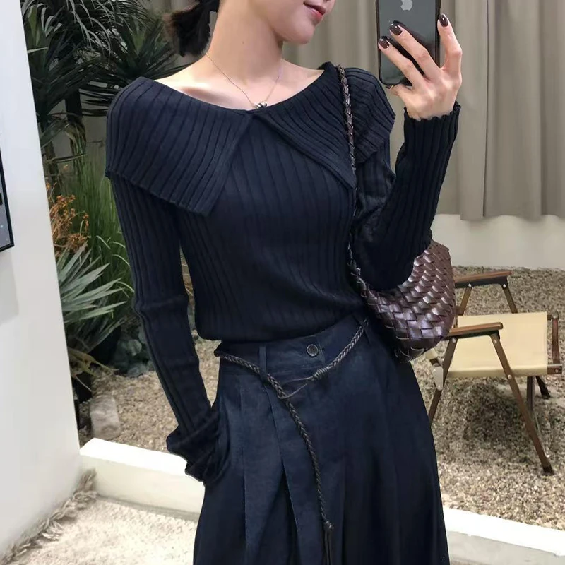 法式翻领长袖毛针织衫女2025春秋新款氛围感修身显瘦内搭打底上衣