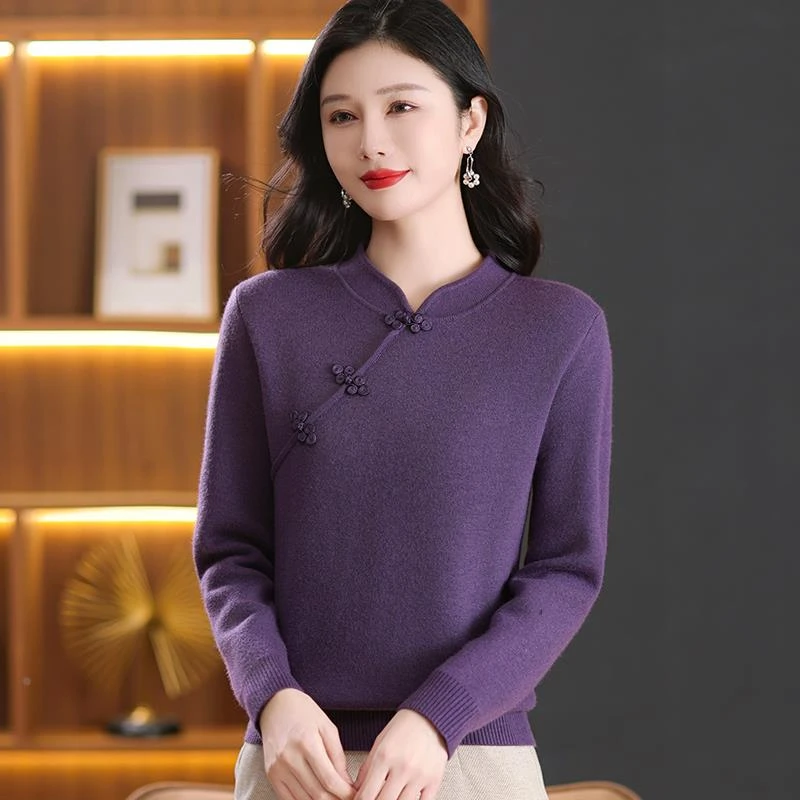 中式复古盘扣加绒加厚打底衫女士秋冬新款一体绒妈妈宽松针织毛衣