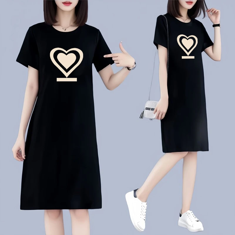 中长款过膝黑色短袖连衣裙女夏2025新款宽松显瘦外穿趣味t恤裙子