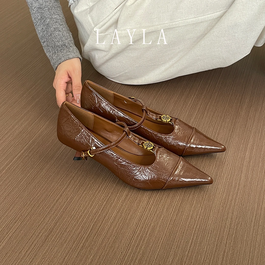 新款2025春秋韩版气质细跟尖头浅口搭扣玛丽珍女鞋小众单鞋橡胶底