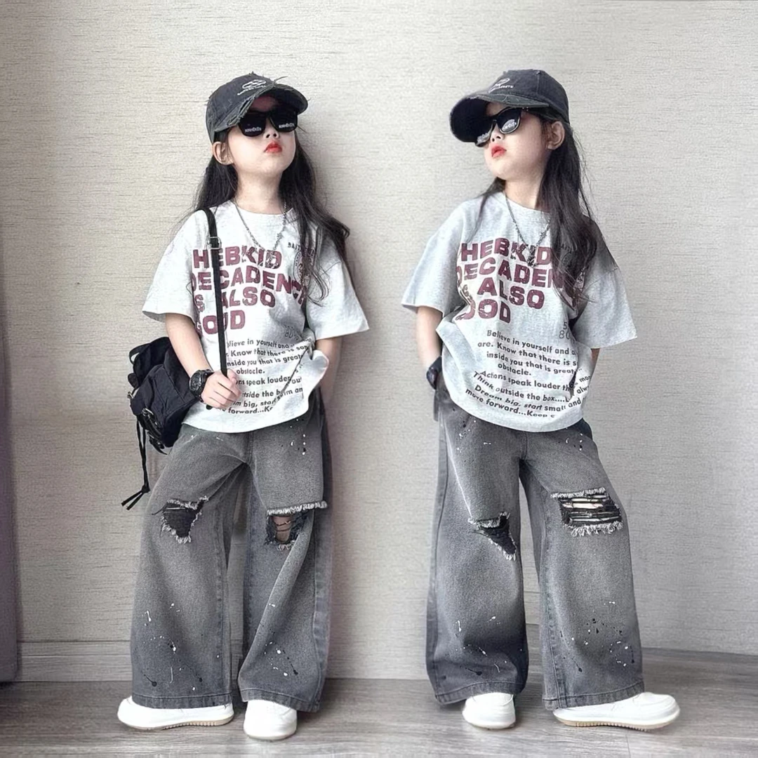 美式复古做旧网红潮流洋气中大童百搭2025秋款新款破洞阔腿裤宽松