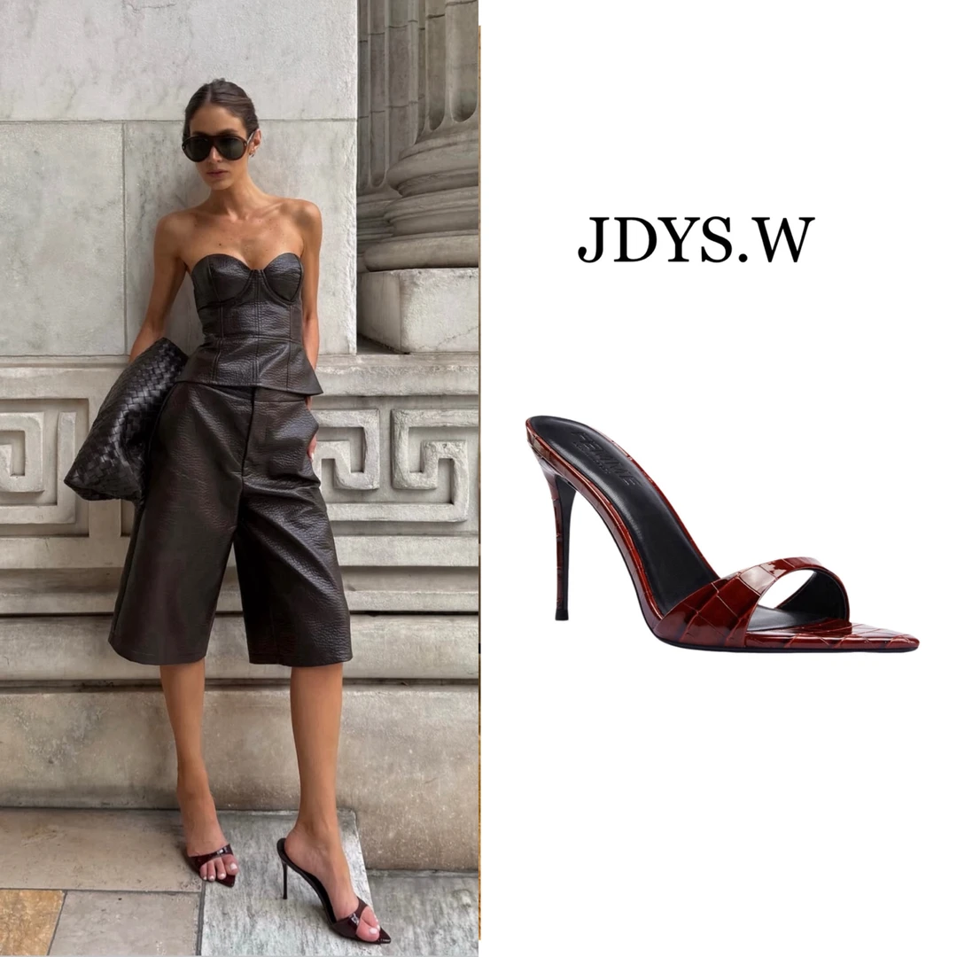JDYS.W 【羊皮高级鳄鱼纹】真皮8cm 小众尖头细跟高跟鞋凉鞋拖鞋