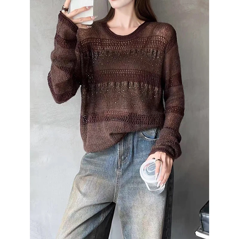 x3508#秋季镂空松驰感长袖毛针织衫女士宽松圆领打底衫烫钻时尚