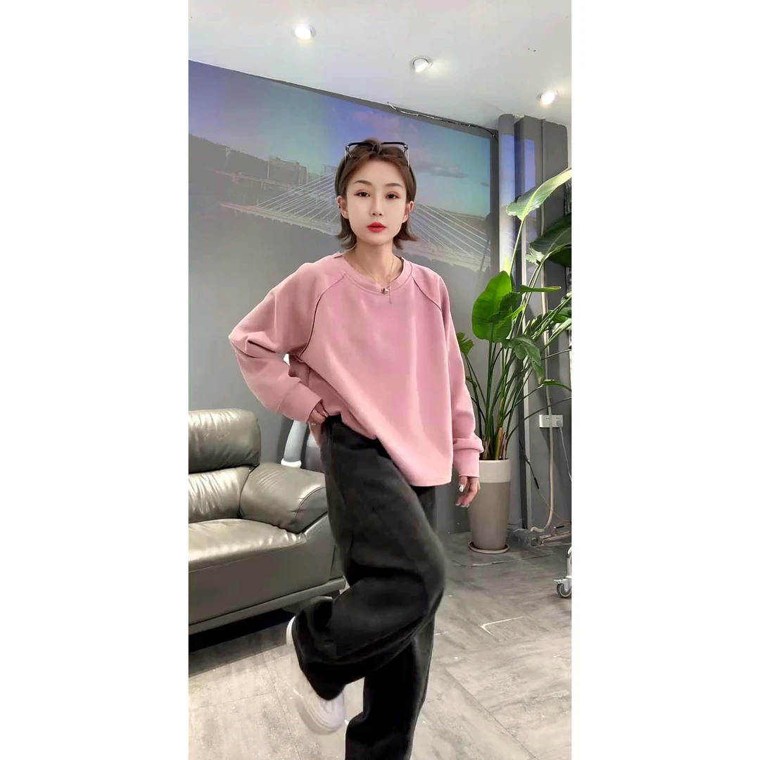 欧货新款简约宽松百搭插肩袖圆领长袖卫衣