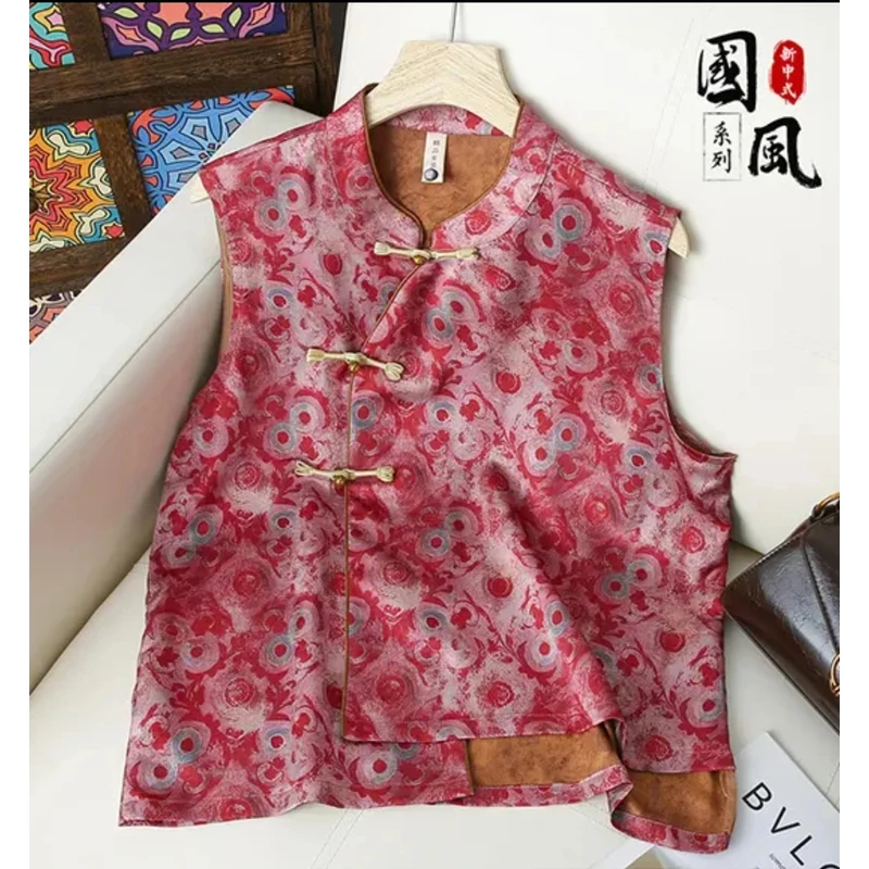 K061新中式国风无袖上衣夏季爆款时尚复古国风印花盘扣小衫女