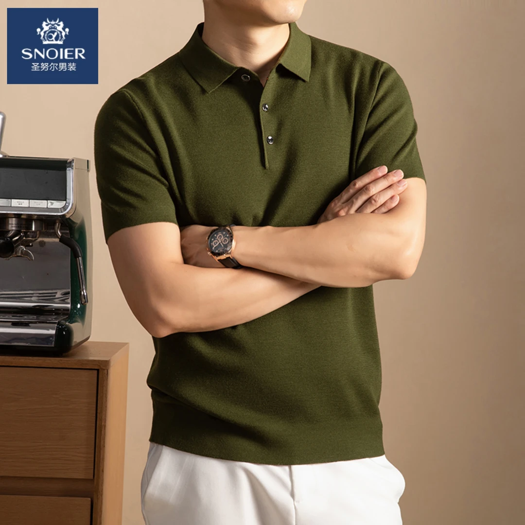 圣努尔秋季羊毛T恤男士针织80支精纺纯羊毛POLO领男士轻奢短袖