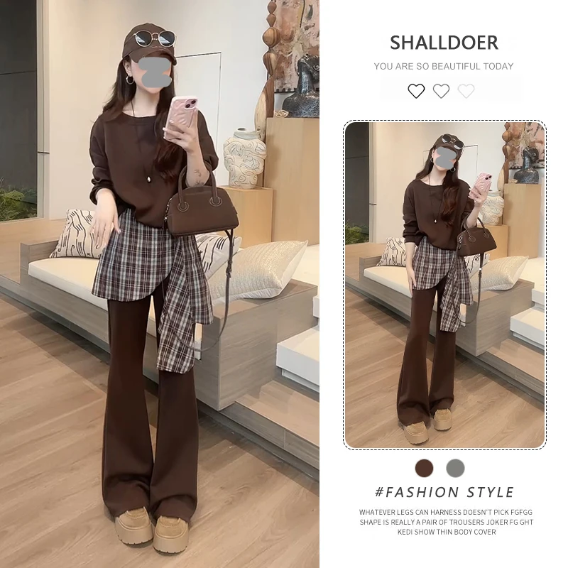 韩版通勤时尚套装女2025年春秋新款长袖打底卫衣微喇阔腿裤两件套