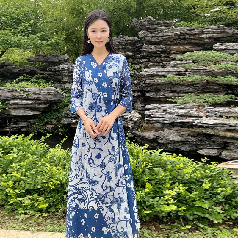 浒城古新中式国风百搭高级感时尚气质V领系带印花连衣裙WH0500513