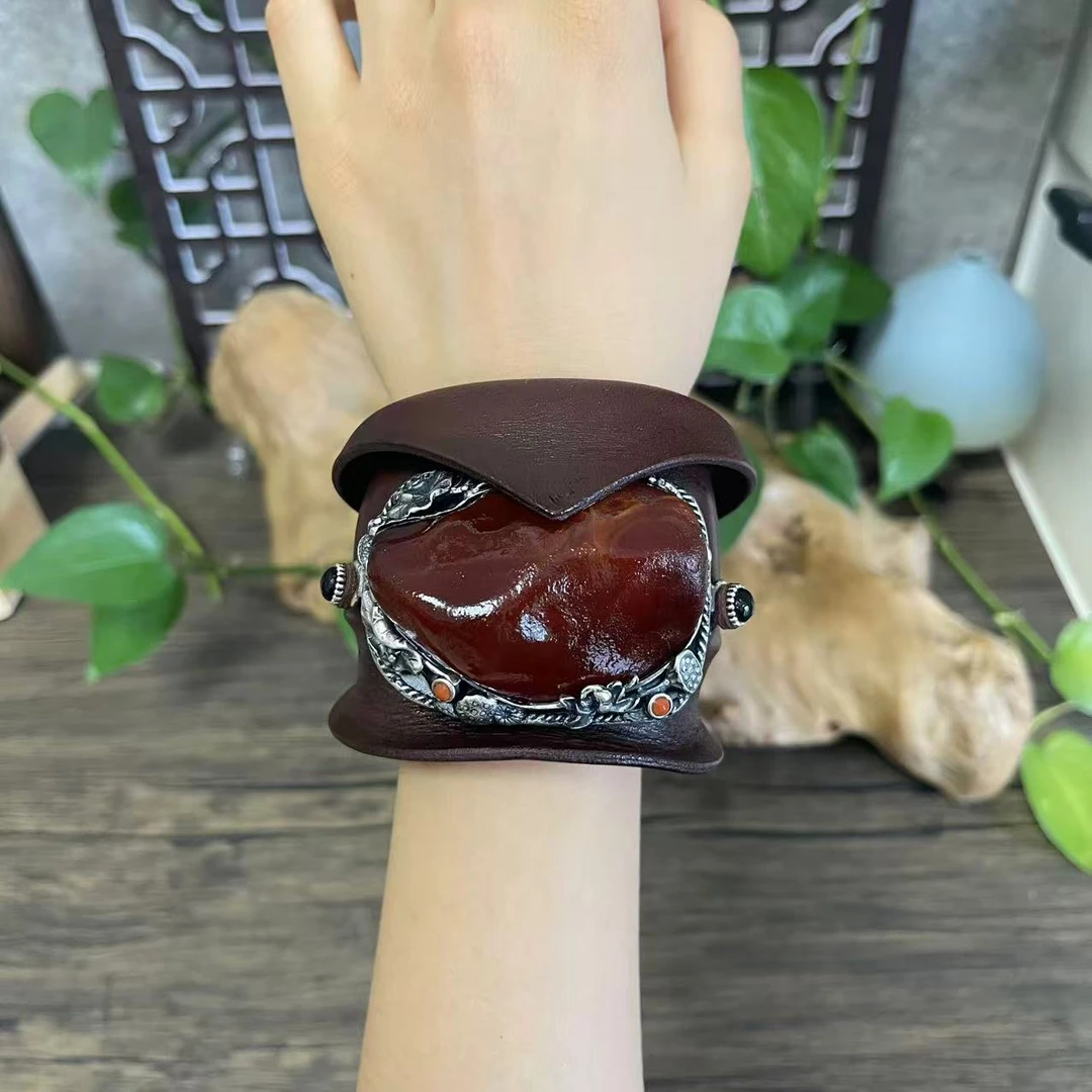 LYliuyng海漂花蜡原石蜜蜡牛皮手镯精工银镶不规则琥珀品质独特