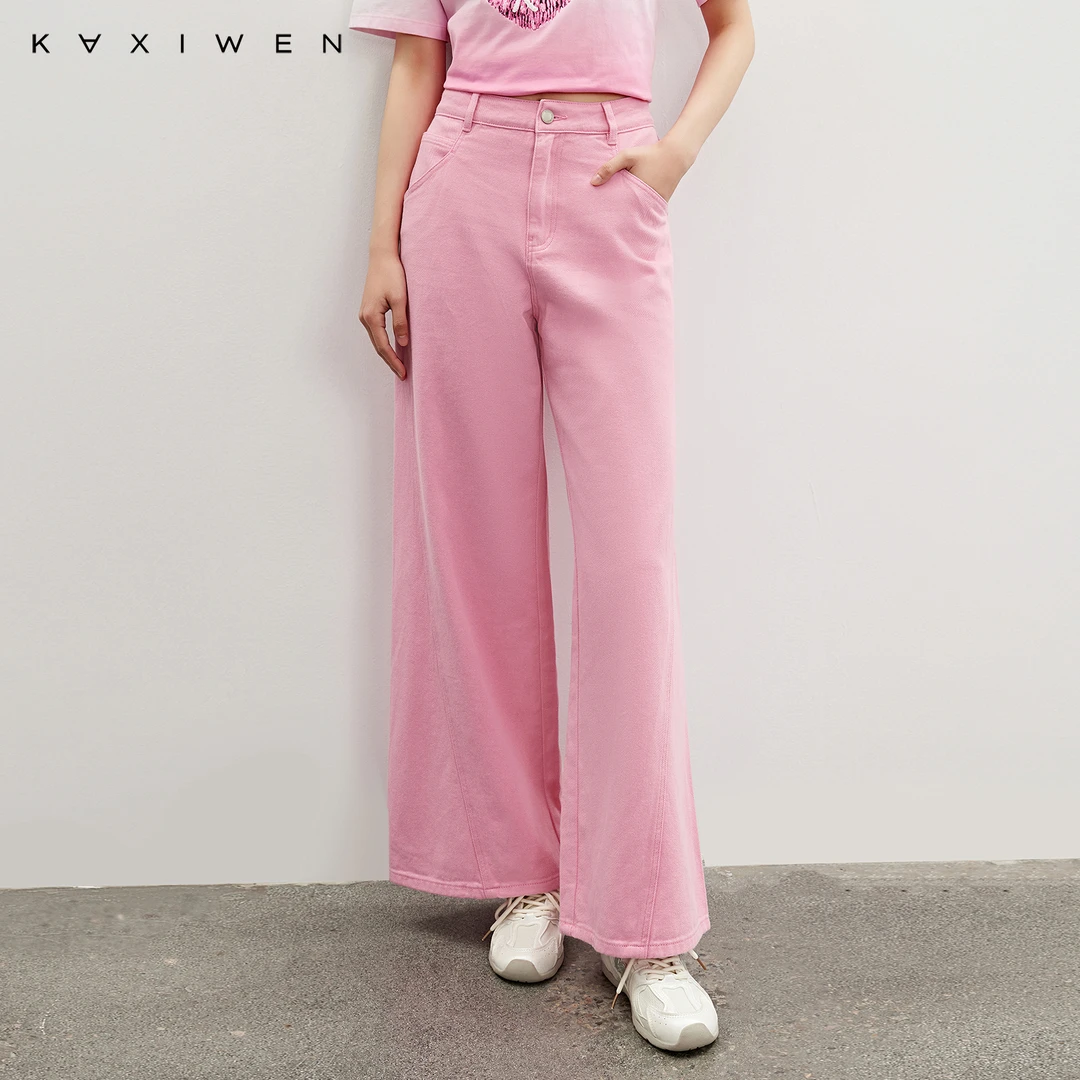 佧茜文100%纯棉牛仔裤【春秋】百搭简约宽松纯色阔腿裤女X01BKN1625