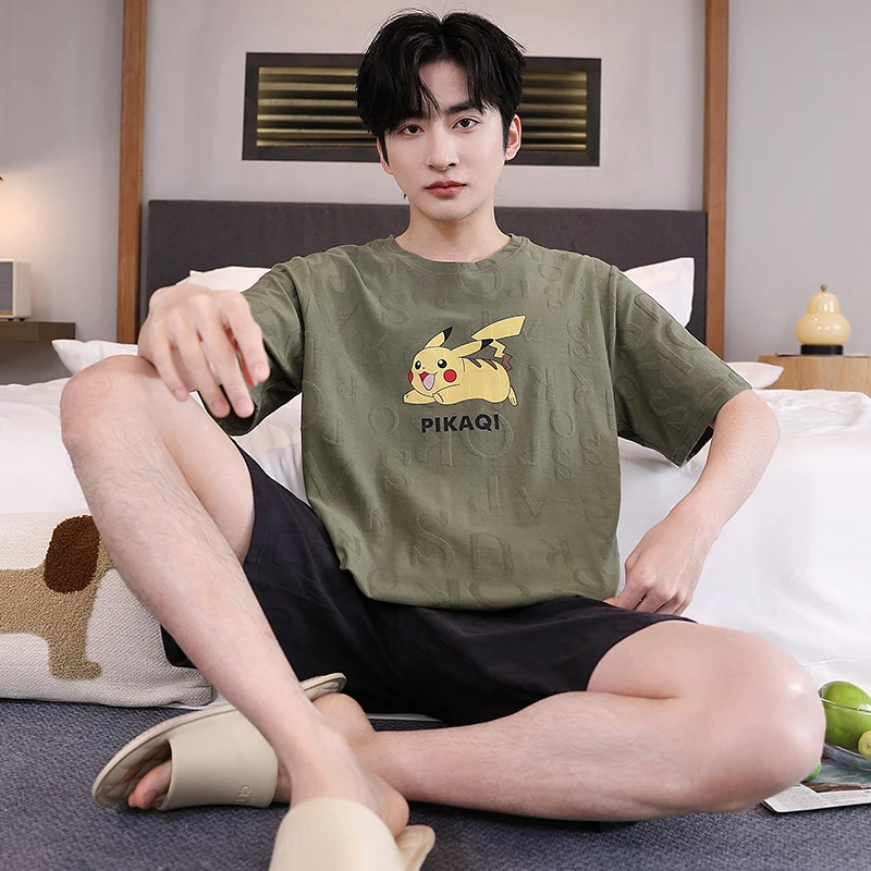 夏季纯棉男士睡衣短袖短裤薄款青少年男款大码卡通夏天家居服套装