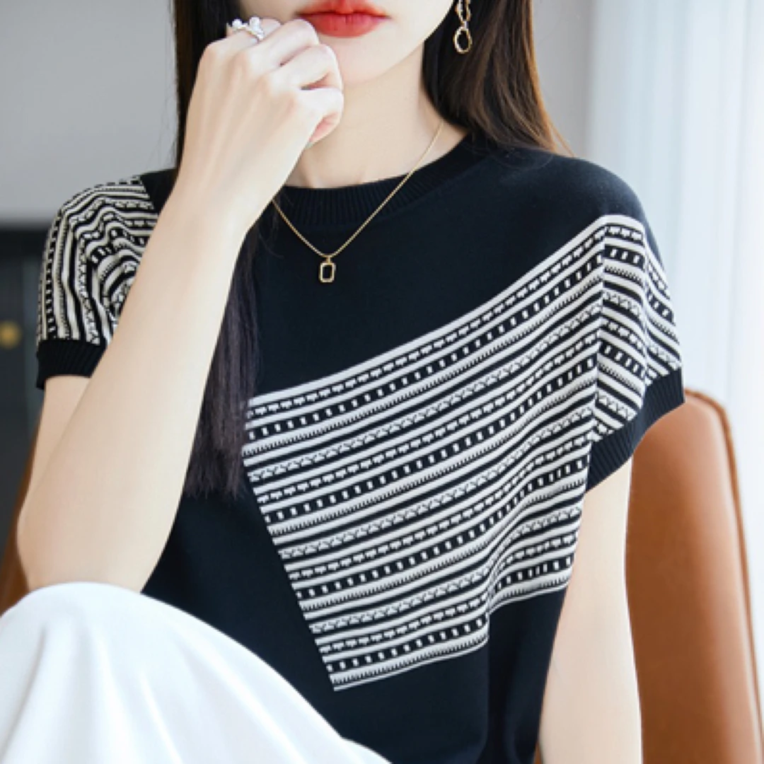 MZ.100%莱赛尔天丝条纹撞色提花套头短袖针织衫T恤上衣NSY387