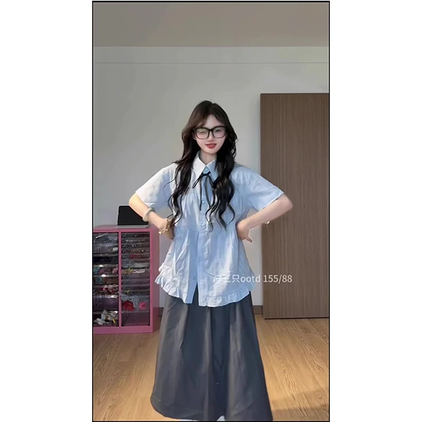 蓝色POLO领日系学院风衬衫女夏季甜美可爱上衣短袖开衫女