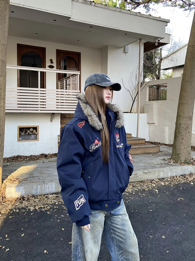 ATKFY 美式复古刺绣徽章座山雕棉衣外套男女冬季小众加厚保暖夹克