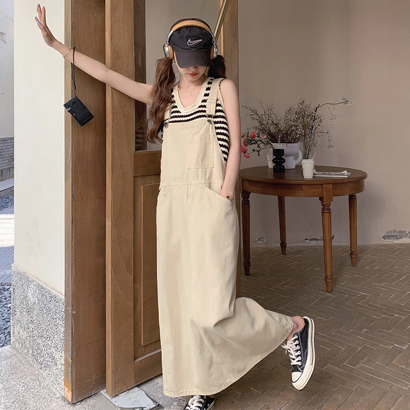 米色牛仔背带裙女夏季2025新款韩版高个子工装风休闲长款连衣裙薄