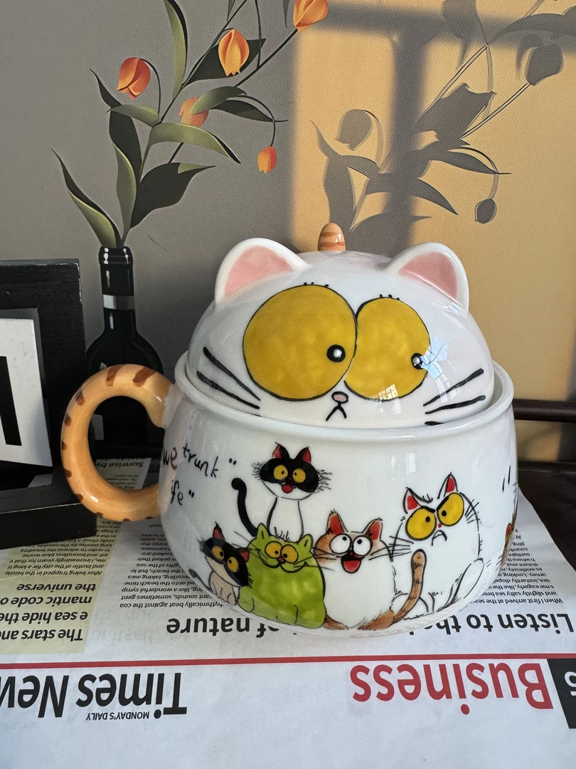 景德镇有彩高温釉下彩纯手绘创意瓷 搞怪猫咪大号泡面碗