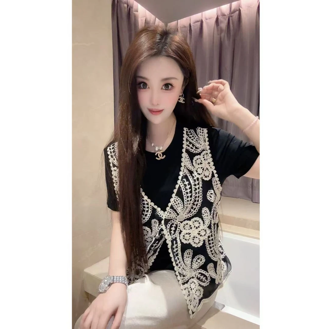 JY&JY橙子大大【花语日记】夏季百搭钩花假两件T恤短袖上衣 16284