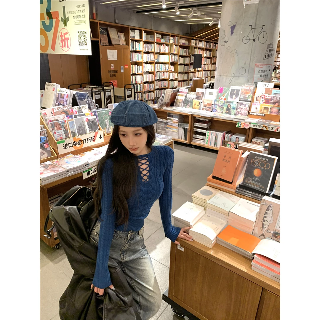 纯欲辣妹风长袖性感镂空针织衫女收腰内搭打底衫上衣毛衣短款修身