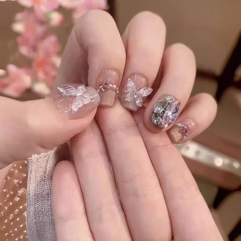 夏夜长梦纯手工穿戴甲重复使用中长款显白猫眼法式美甲贴片