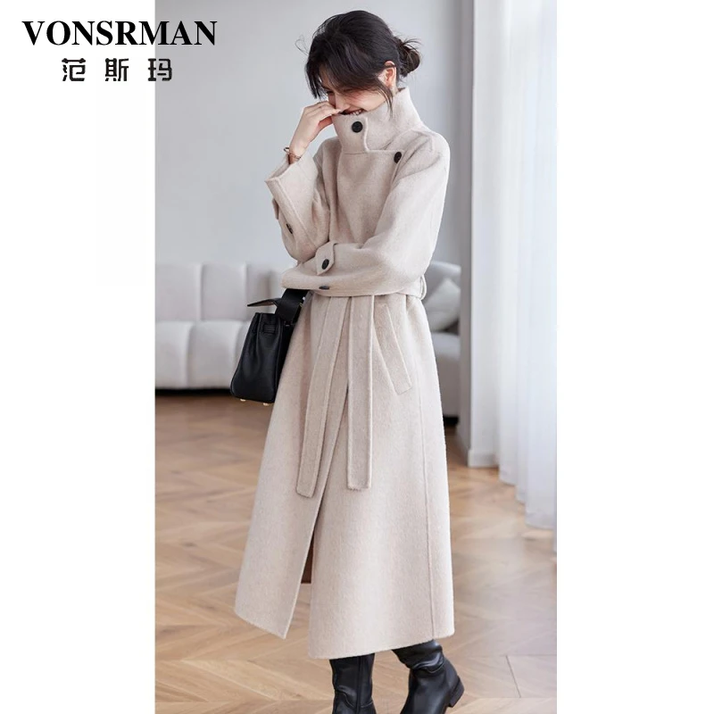 气质立领双面零羊绒大衣女2025今年秋冬新款流行系腰带双面呢外套