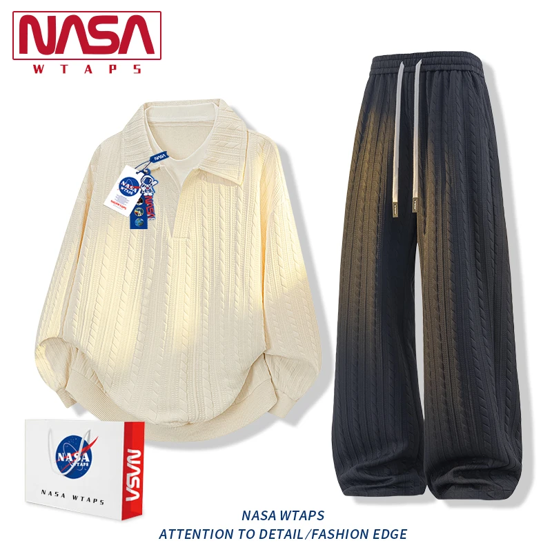 NASA WTAPS老钱风假两件POLO衫男早春秋美式宽松肌理休闲运动套装