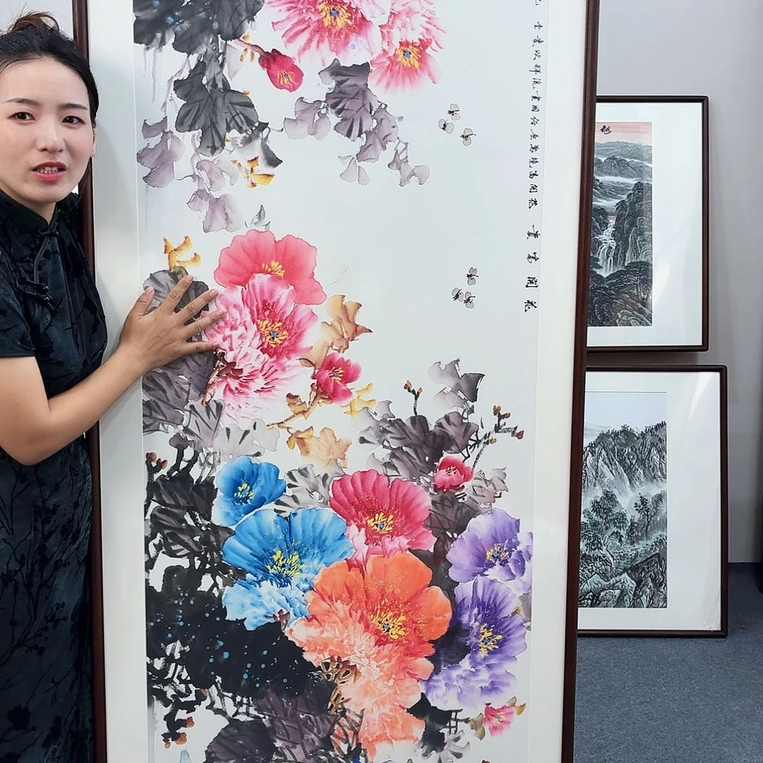 国画手绘作品花开富贵210×80尺寸