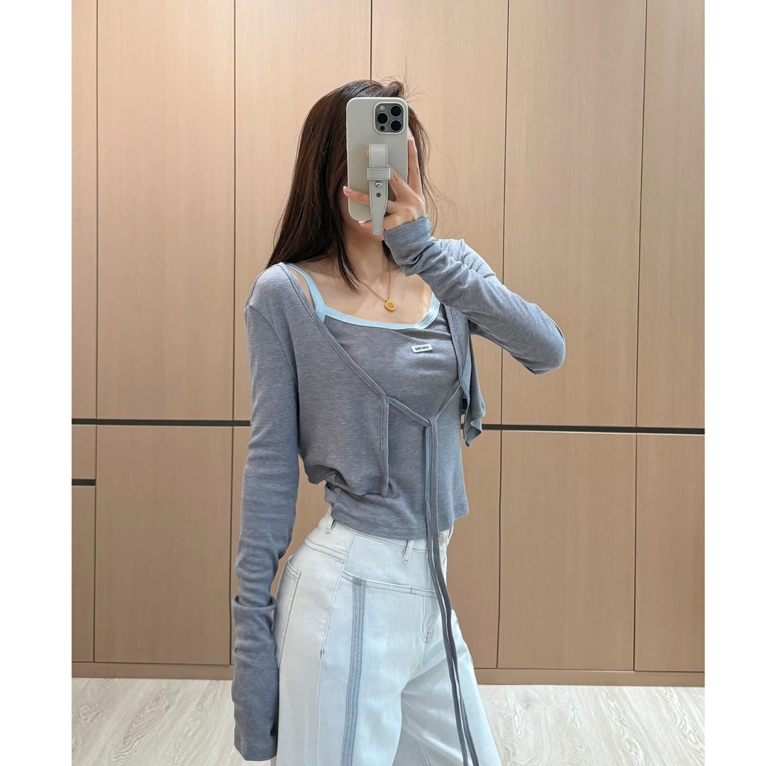 春季新款时尚巨显瘦字母吊带背心百搭系绳长袖开衫两件套2076