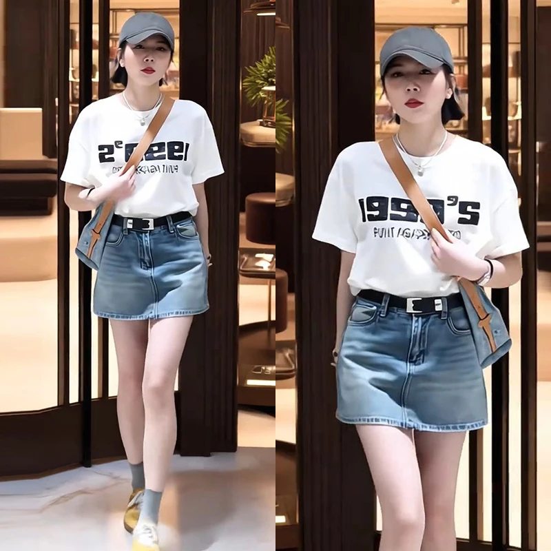 韩版时髦休闲显瘦T恤牛仔短裙套装女2025春夏季新款百搭时尚套装