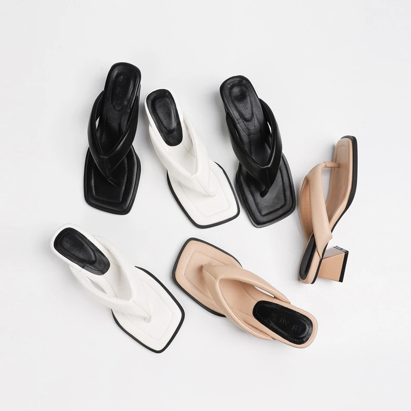 【千寻好物】2025夏季新款方头夹趾凉鞋女外穿一脚蹬高跟人字凉拖鞋