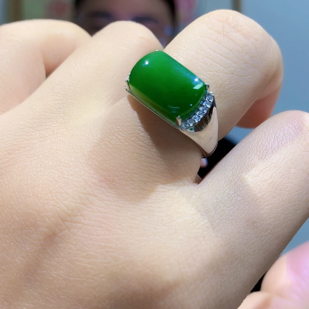 和田玉（碧玉）戒指银S925镀金镶嵌