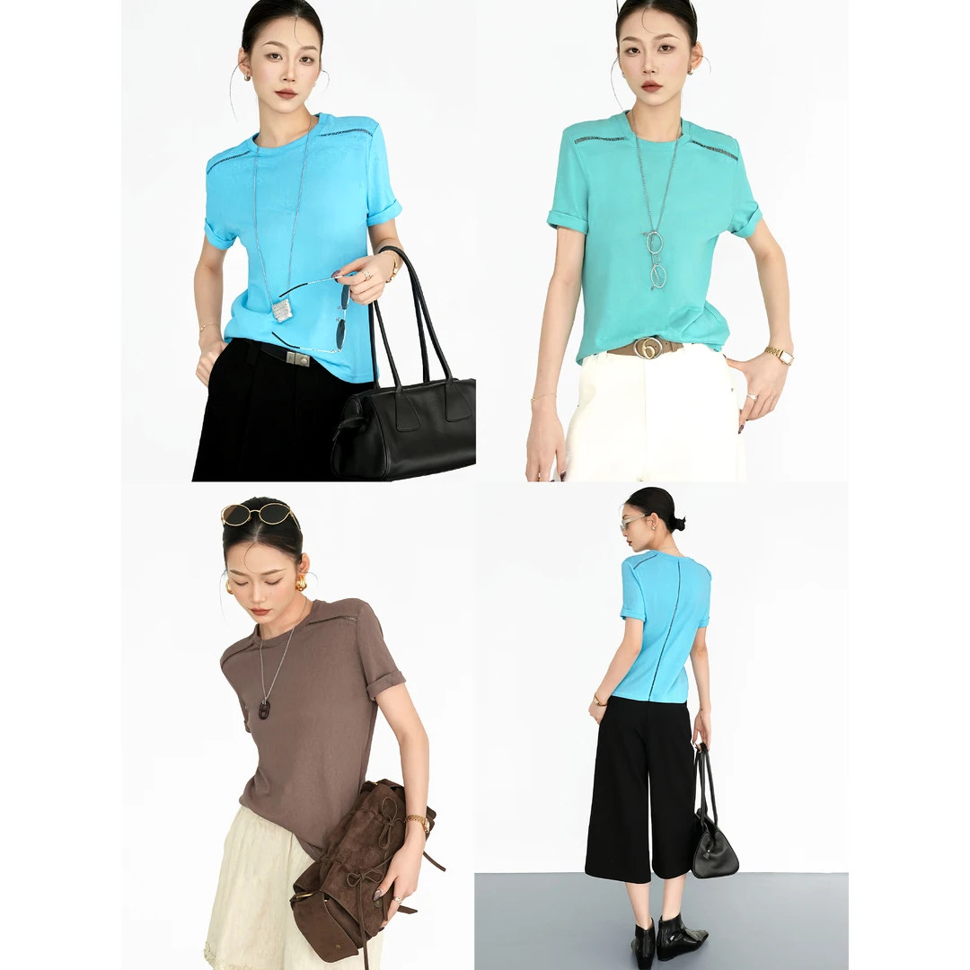 Nietzsche｜蕾丝美学T｜楼梯格拼接 精致宽松显瘦短袖女T恤70077