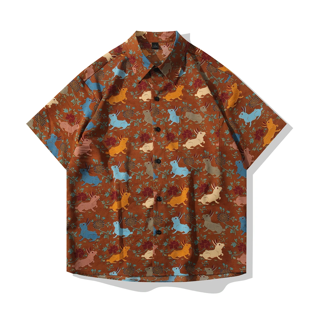 夏季新款国潮冰丝衬衫男士复古潮流生肖印花短袖宽松大码痞帅男装