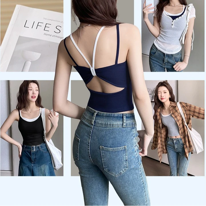 春夏纯欲辣妹假两件镂空吊带美背背心带胸垫外穿打底短款抹胸上衣