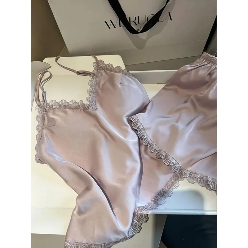 【镂空蕾丝边】法式性感纯欲冰丝睡衣女新款纯色吊带短裤家居服套装