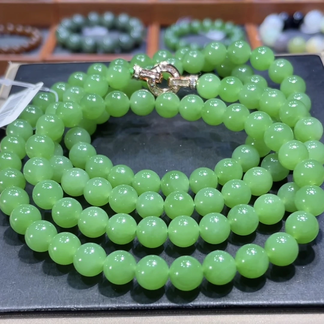 和田玉俄料碧玉苹果绿多圈项链8mm