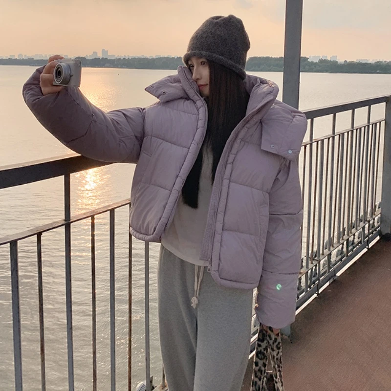 韩版宽松立领连帽加厚棉服女短款2025年冬季新款保暖面包服外套