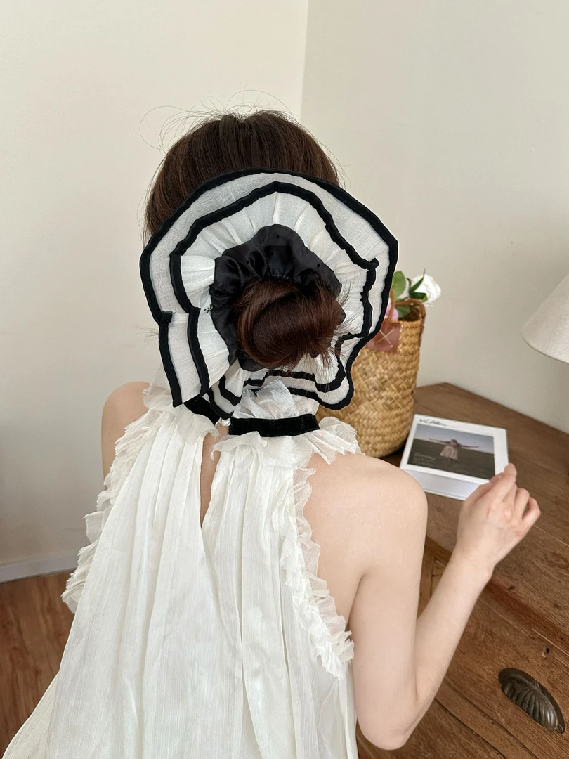 【Only Cookie】黑胶唱片-黑底缎面双层蕾丝花边大号发圈