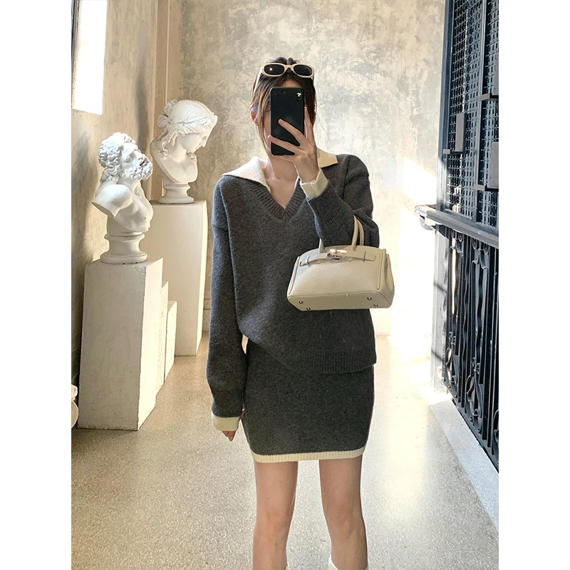 慵懒风通勤百搭V领长袖毛针织衫女冬季新款休闲半身裙两件套1339