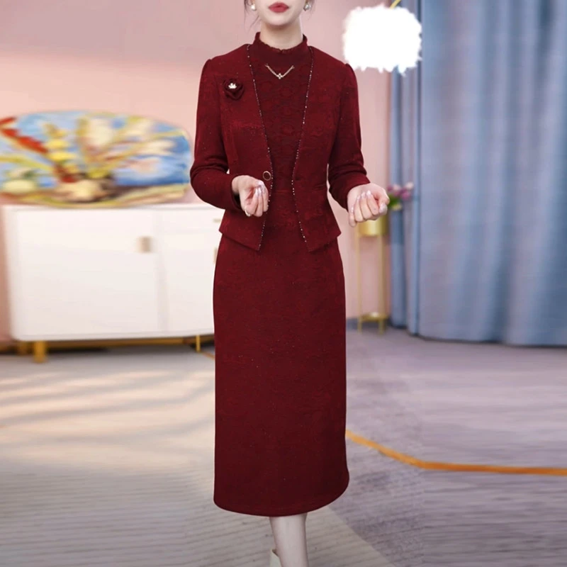 提花精纺加绒加厚两件套连衣裙2025新款红色婚宴气质婚宴服套装裙