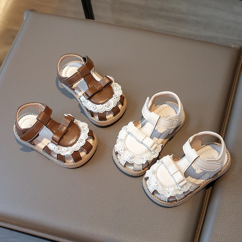 小童宝宝包头镂空凉鞋2025夏季新款女童学步鞋韩版百搭珍珠公主鞋