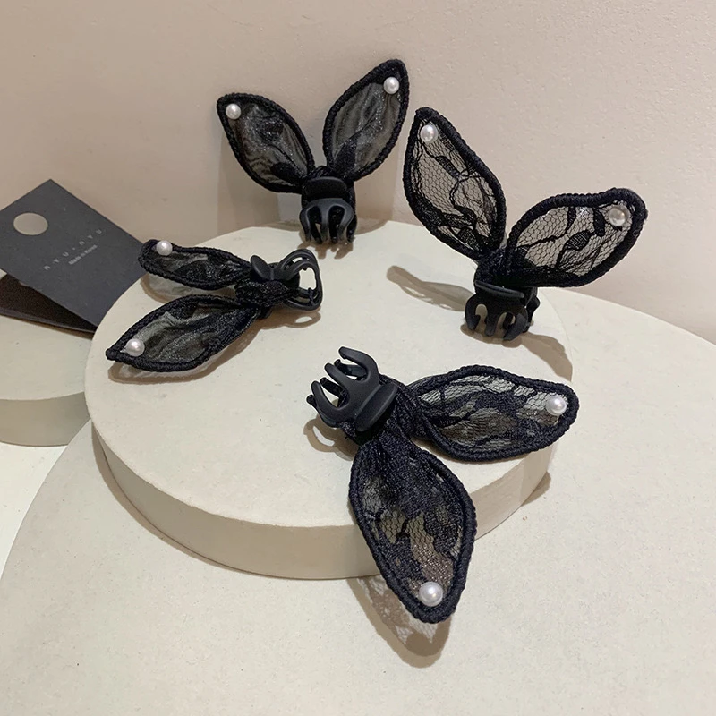 韩版发饰网纱波点蕾丝兔耳朵珍珠发夹头饰个性侧边夹迷你小抓夹