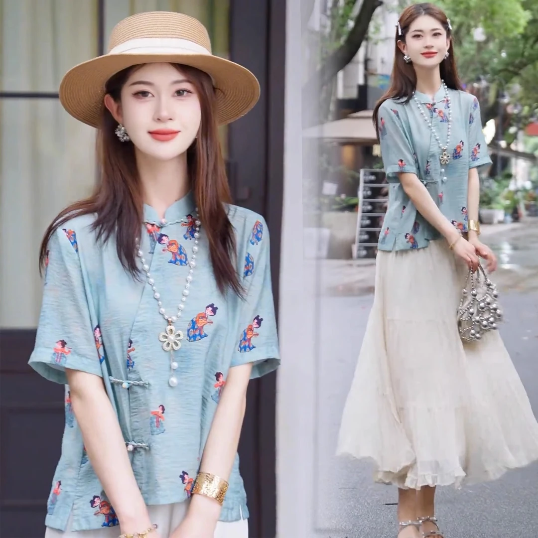 拉夏贝尔新中式国风印花盘扣短袖女夏季新款洋气显瘦时尚两件套装