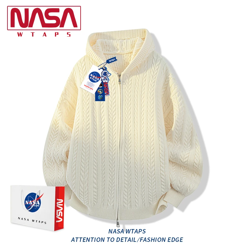 NASA WTAPS美式复古纯色连帽毛衣男款春秋季新款宽松针织开衫外套