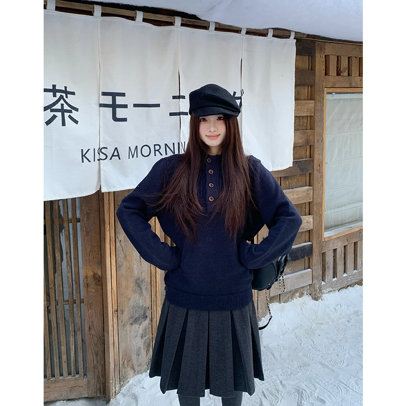 橘子树在哪儿美式半开襟纽扣亨利领套头毛衣女秋冬宽松休闲针织衫