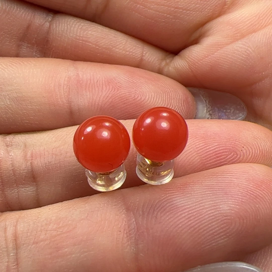 南红玛瑙耳钉18K金镶嵌笨*